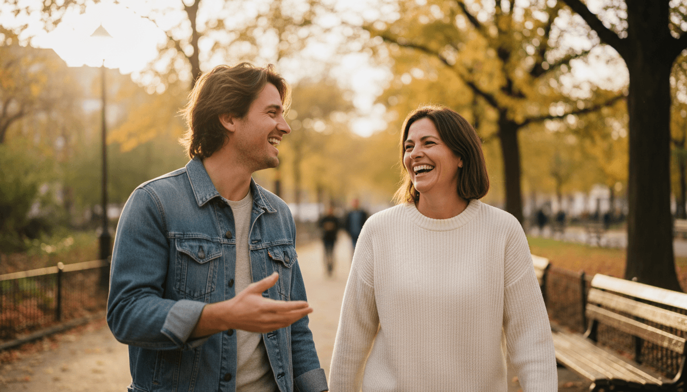 Couple walking together on a tree-lined path in a park