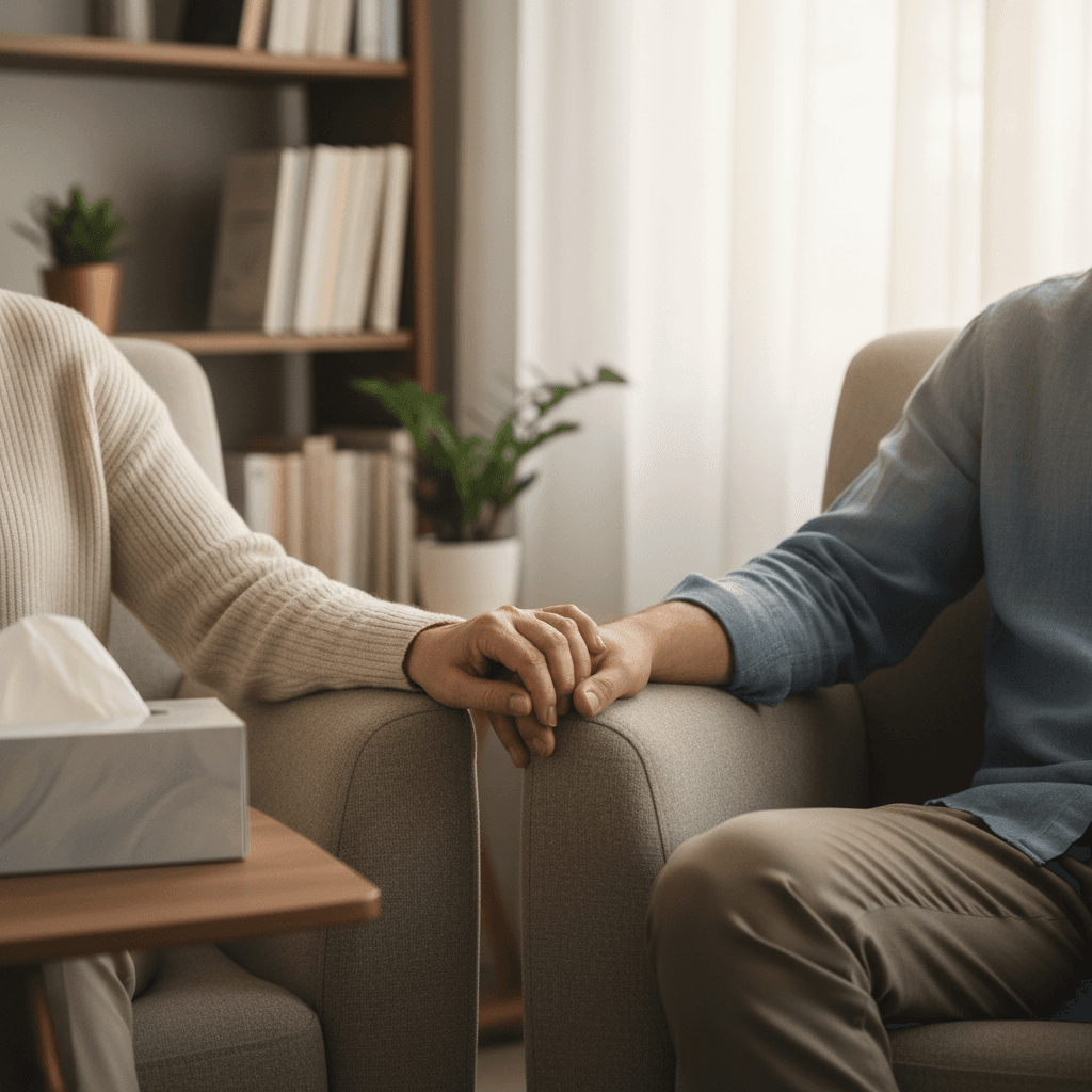 Couple holding hands on a couch in a therapy office