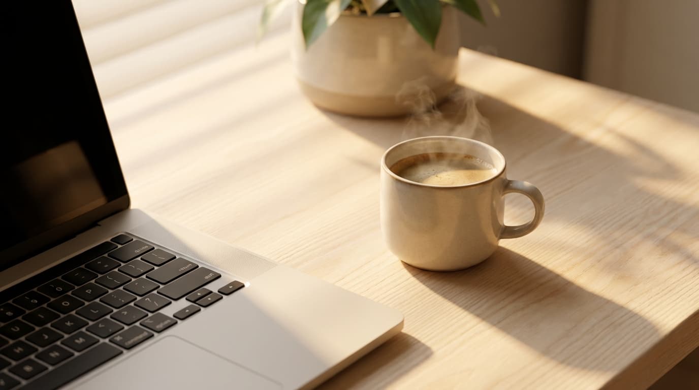 Laptop with a blurred video call on a wooden desk