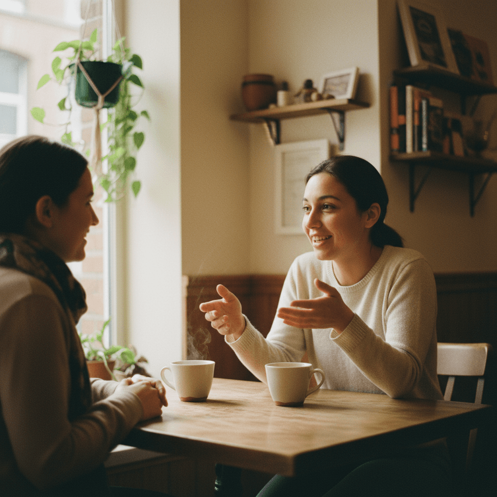 Couple talking with notebooks at a kitchen table