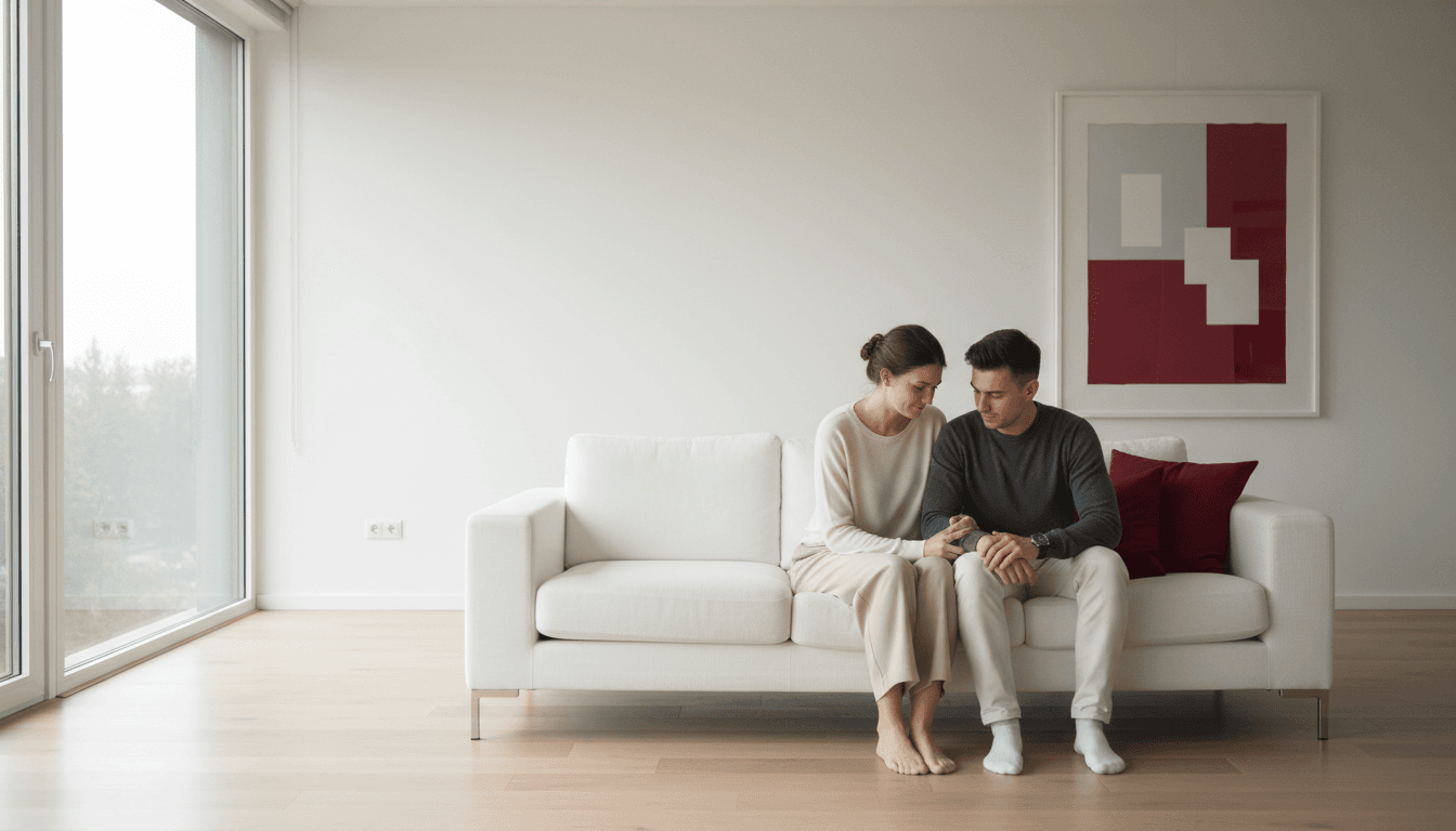 Couple sitting apart on a couch during a tense counseling session