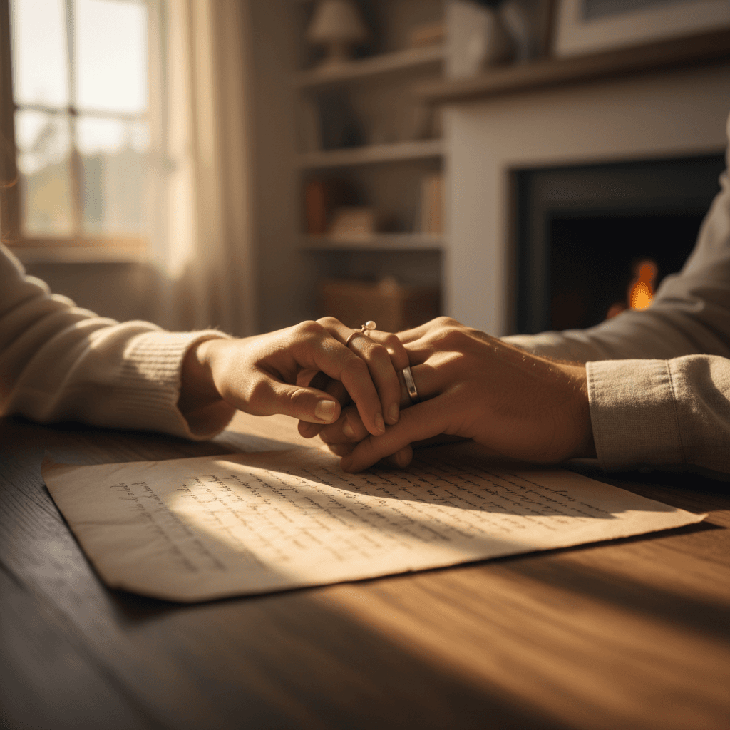 Two hands reaching toward each other across a wooden table