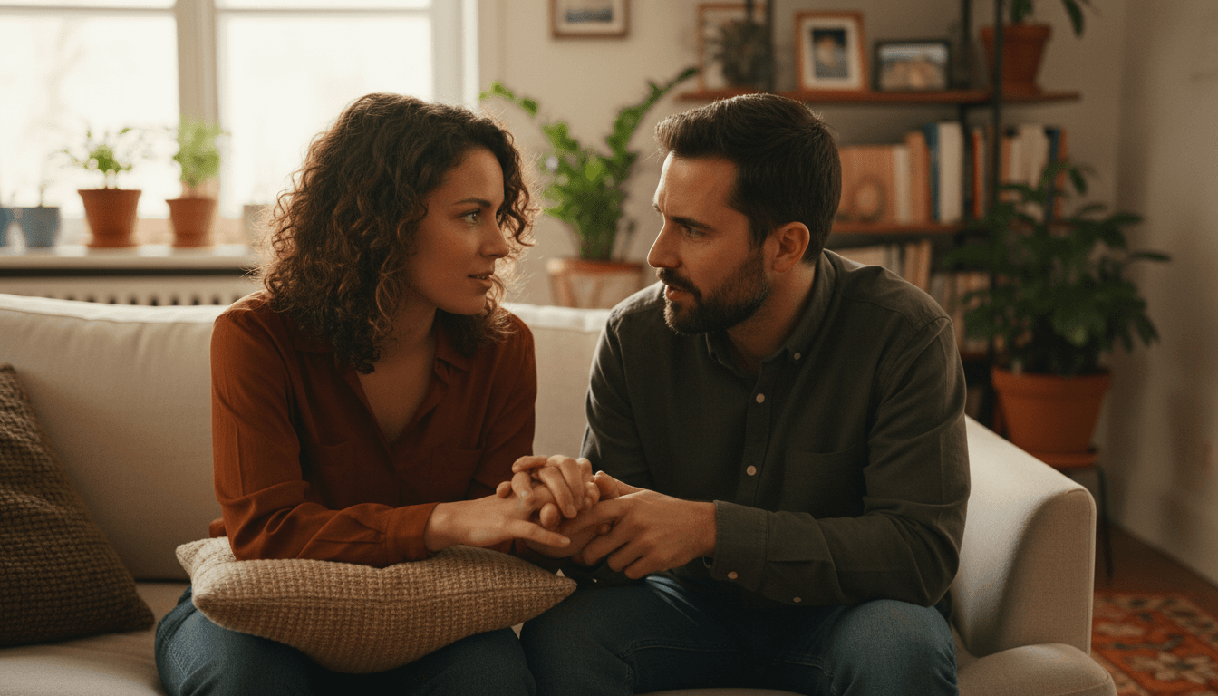 Couple sharing a quiet moment at a kitchen counter