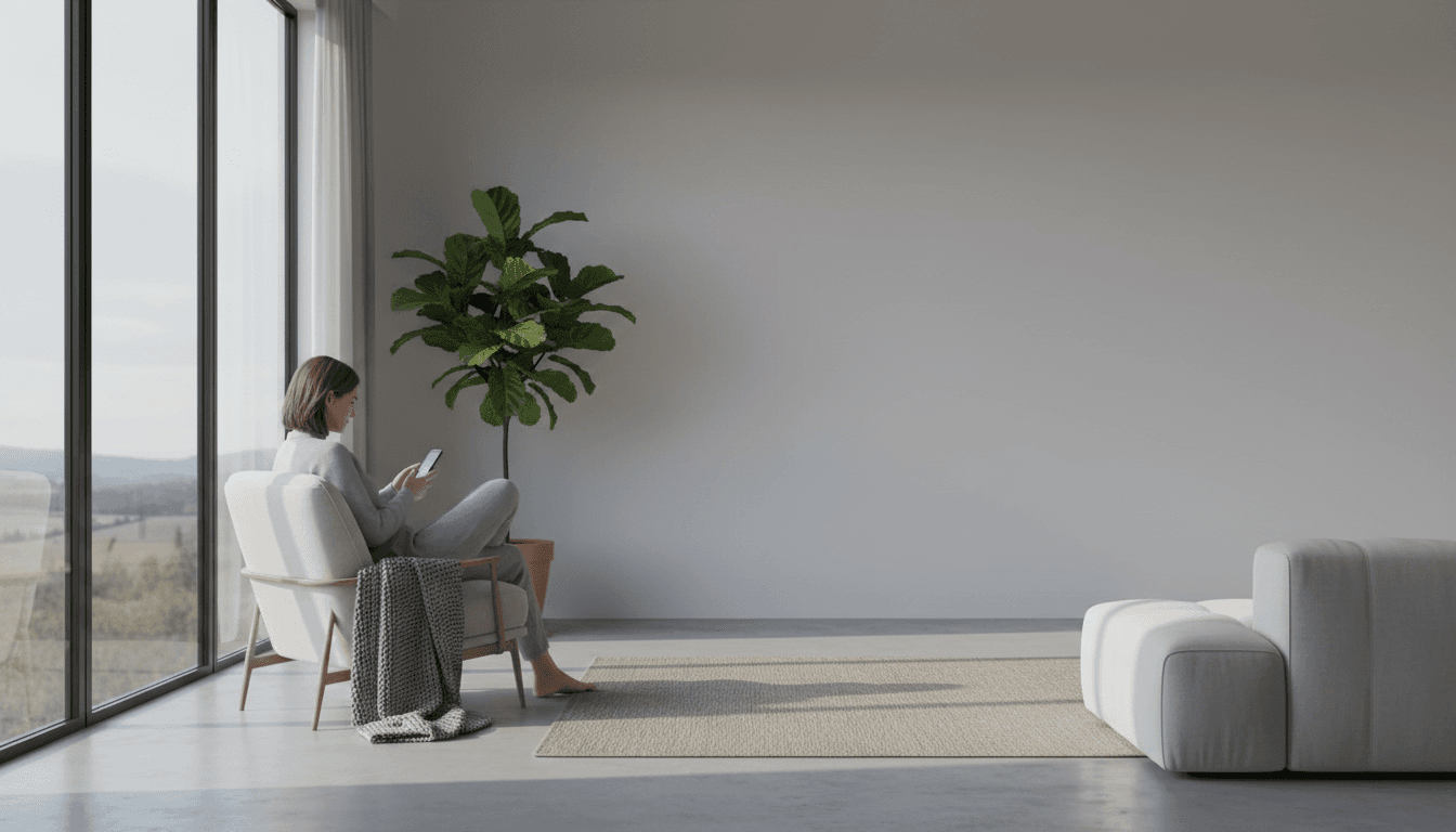 Hand holding a smartphone with a blurred living room behind