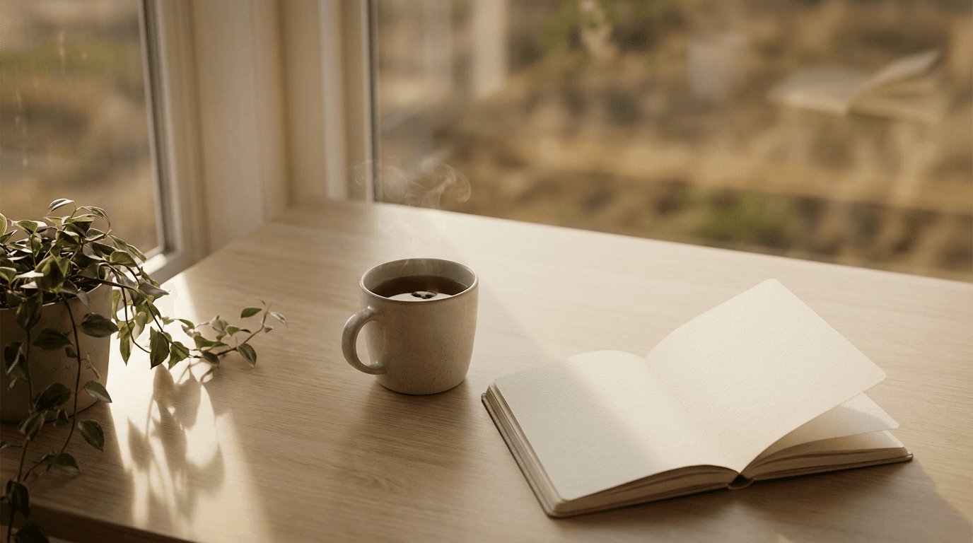 Kitchen table with two mugs and a notebook under warm lamp light